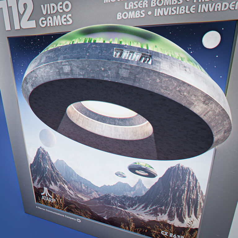 A high-angle close-up crop demonstrating the structural depth of the 3D illustration, showing how the curved rim of the large saucer asset extends forward out of the flat, grey printed package frame.