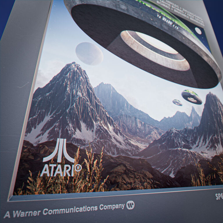 A low-angle close-up crop focusing on the snow-capped mountain peaks and rocky terrain at the base of the Space Invaders illustration, with the classic Atari logo visible in the bottom left corner.