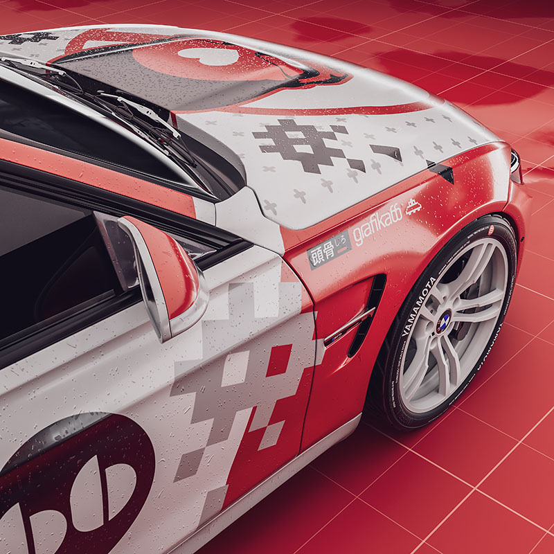 A detailed side profile render from image_9c9a35.jpg focusing on the front fender, white racing alloy wheel, and the integration of pixel art decals and minimalist branding across the red and white body panels.
