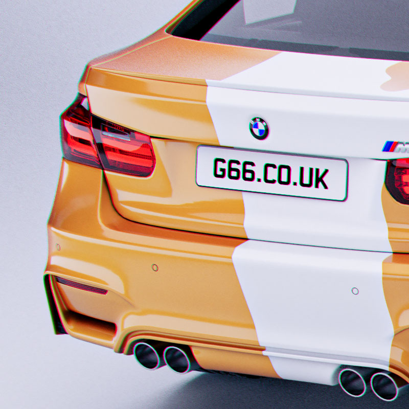 A low-angle close-up render focusing on the rear bumper, quad exhaust pipes, and pixel art graphic accents on the back panel of a custom sports sedan.