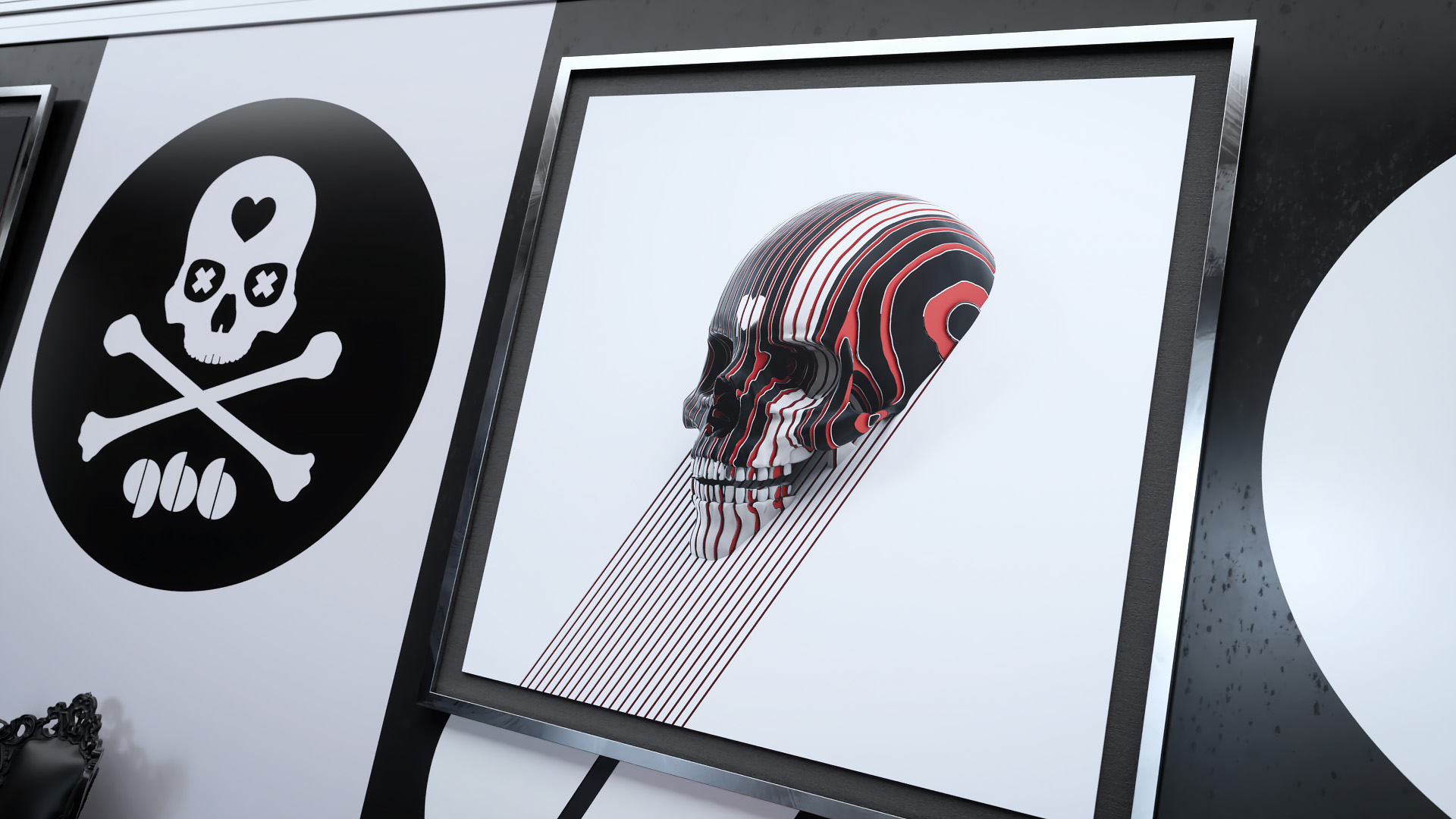 A square framed art piece displaying a 3D skull graphic layered with fine red and black topographic lines next to a circular crossbones emblem.