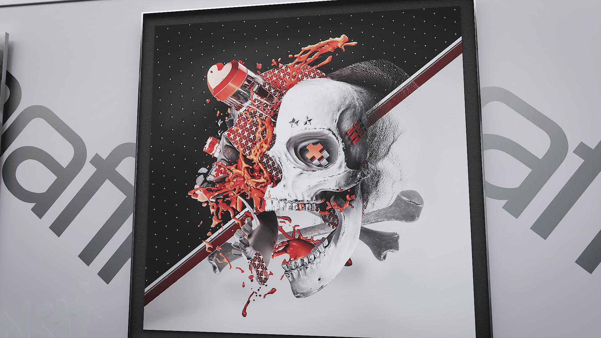 A square dark-framed print displaying a highly detailed skull character split by a diagonal bar and bursting with intricate red, white, and black abstract elements.