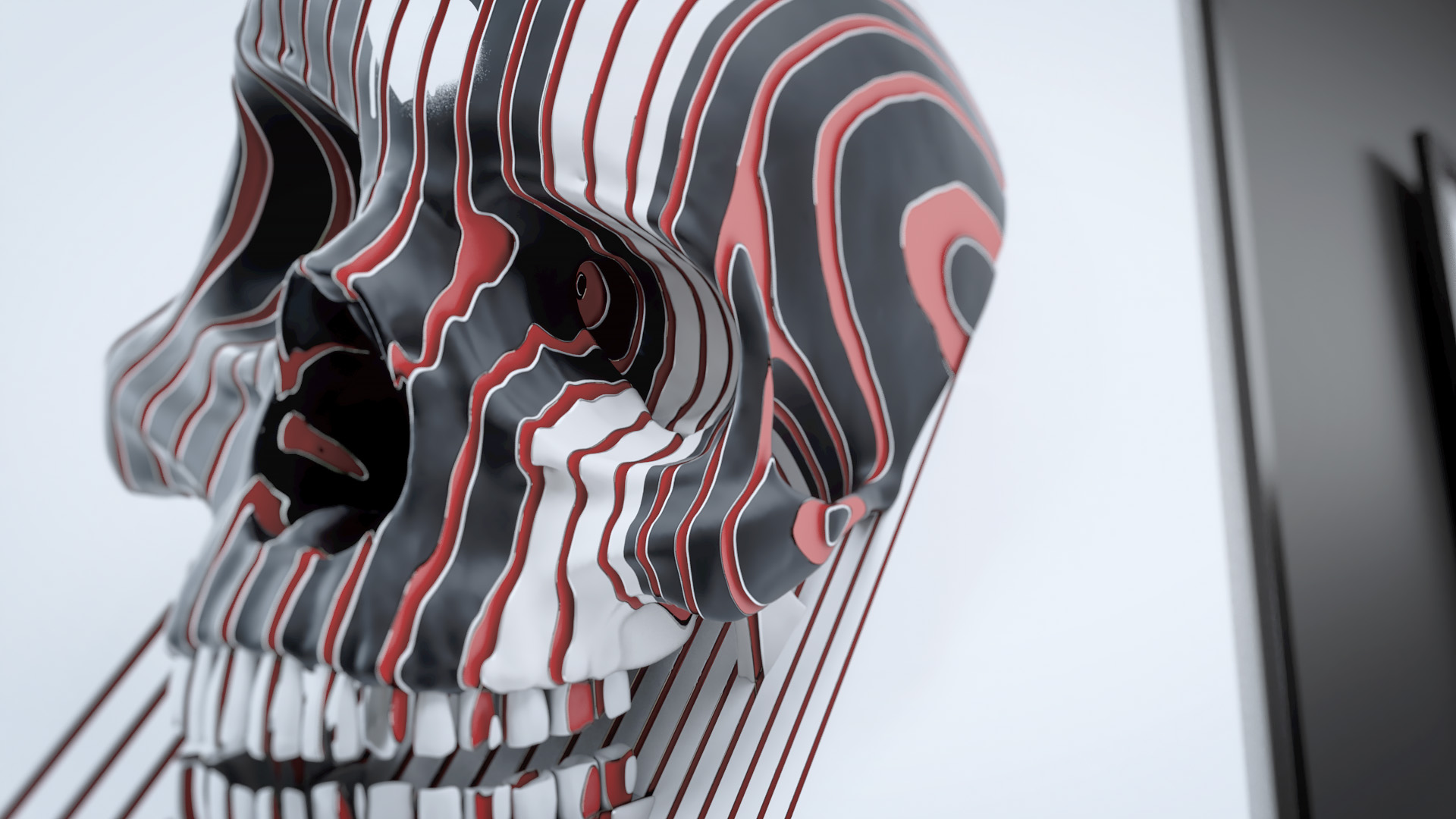 A tight, macro perspective focusing on the intricate red, black, and white striped surface patterns covering a 3D skull fine art concept.