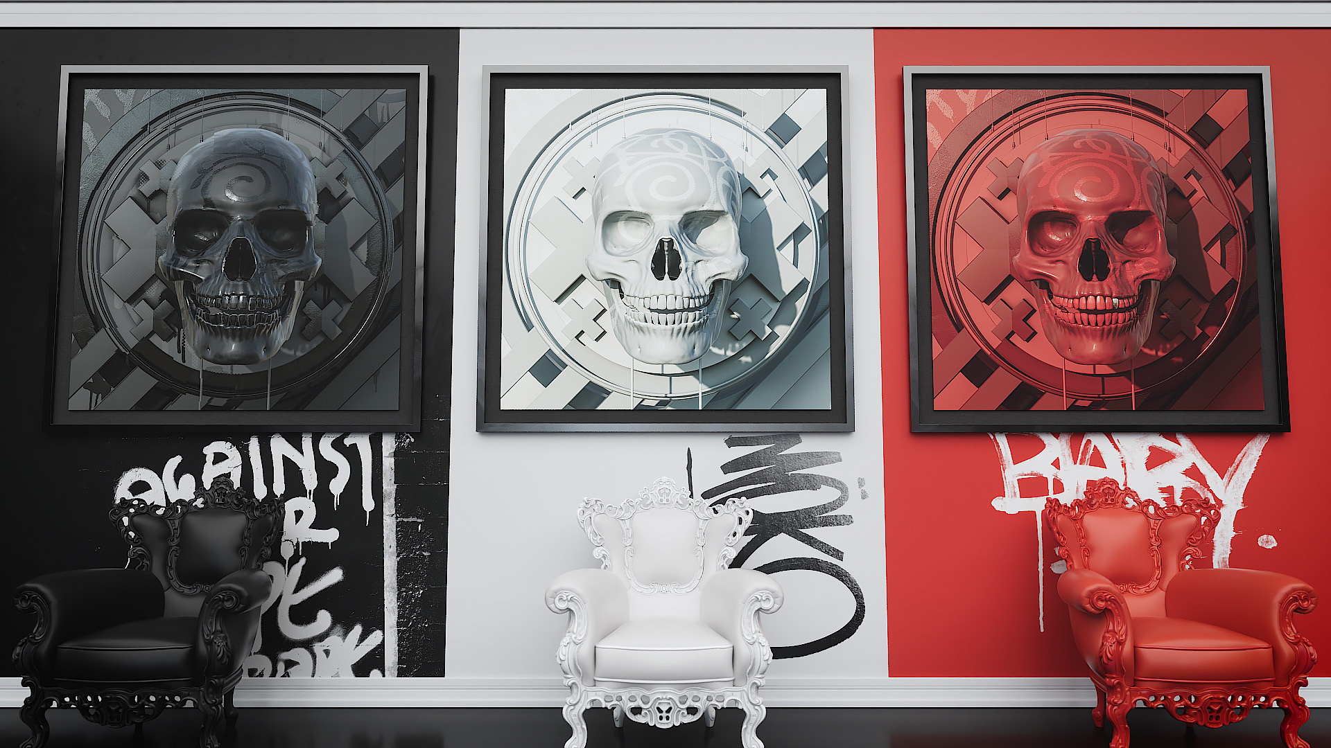 A striking triptych wall presentation displaying three metallic skull artwork variations in black, white, and red above matching stylized armchairs.