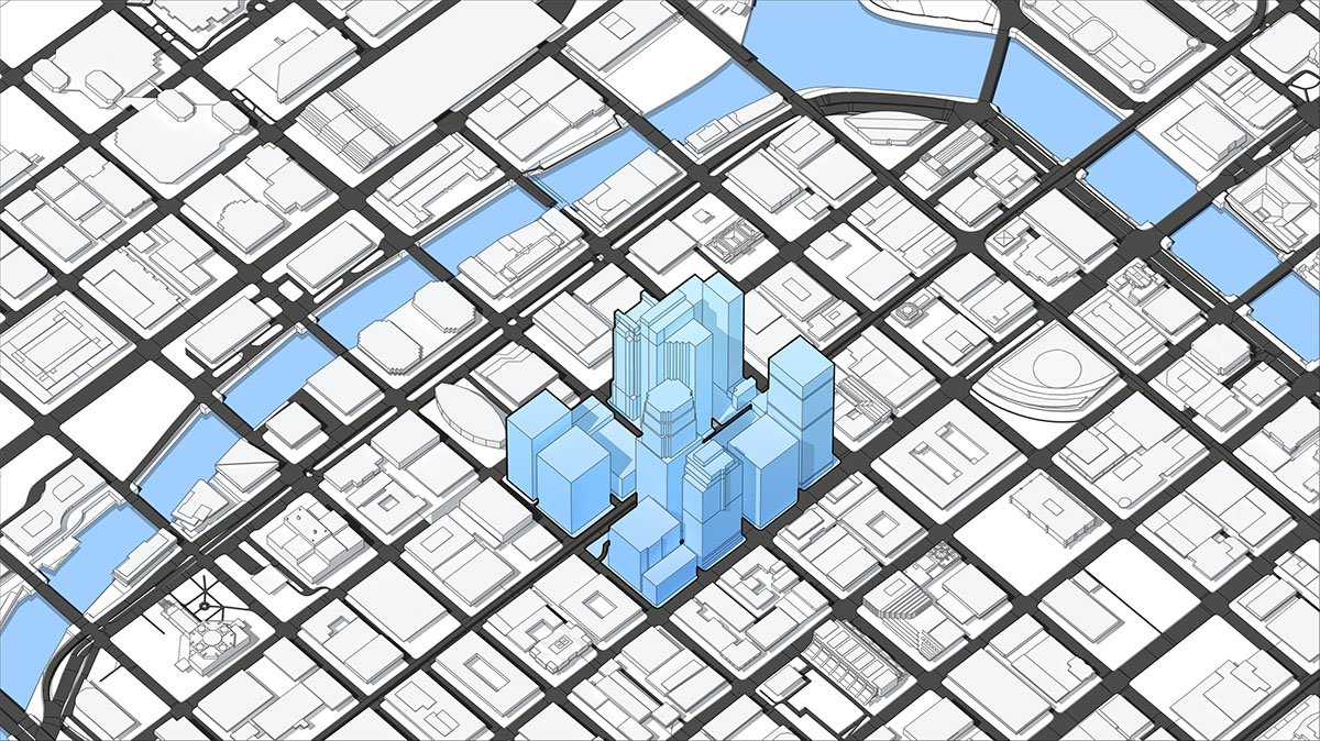A technical vector blueprint map layout featuring a flat street grid, where a specific urban sector or block zone is elevated and highlighted by a solid pale blue structural cluster overlay.