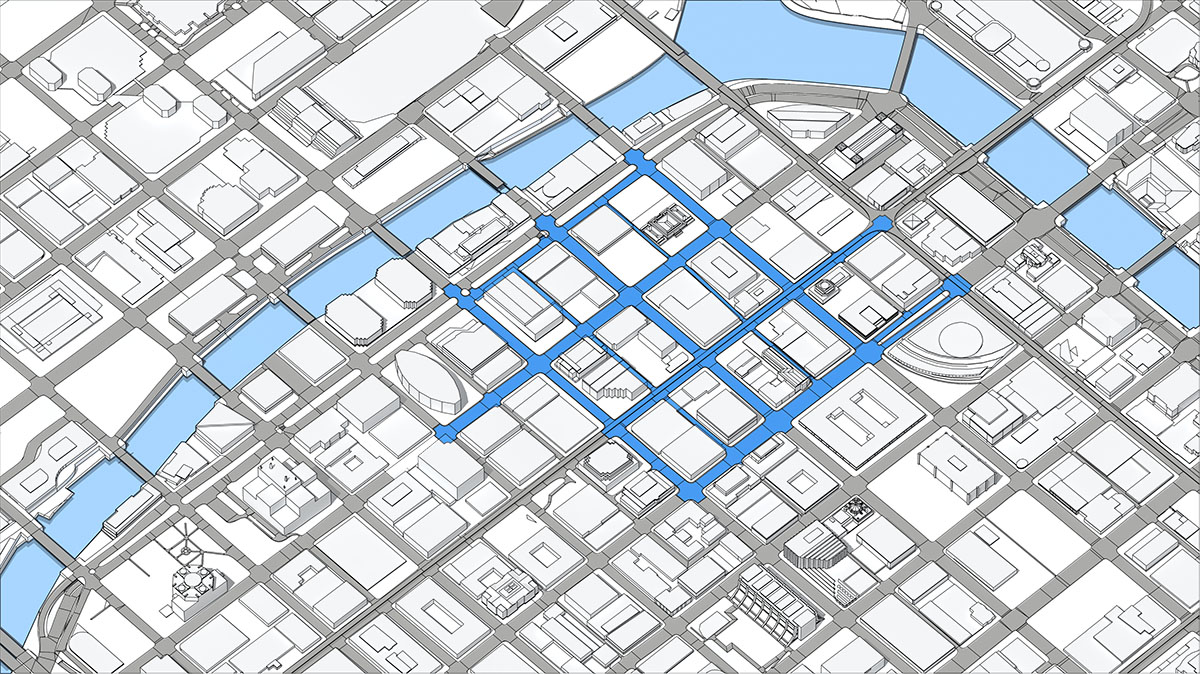 A crisp, technical 2D vector blueprint layout of a city map grid, showing a sprawling network of streets and crossroad junctions overlaid with a thick, geometric blue route guidance path.