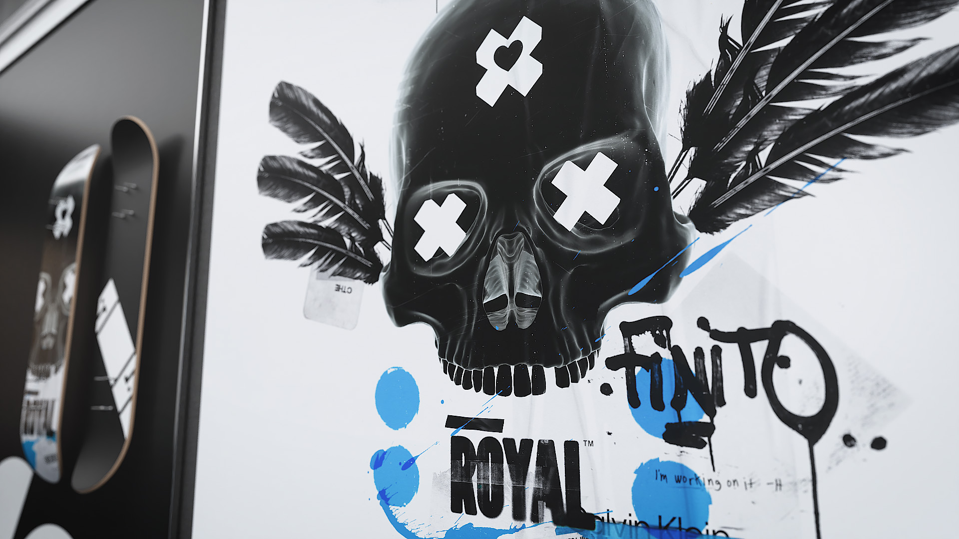 A close-up perspective of a square fine art piece showcasing a winged black skull illustration with cross eyes, blue paint splatters, and expressive street art typography.