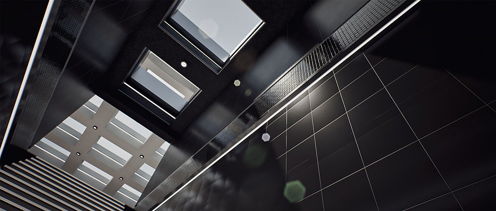 A low-angle architectural render from image_ab43c0.jpg looking up at a modern grid skylight roof structure, a dark tiled wall, and a minimalist staircase inside the digital app layout.