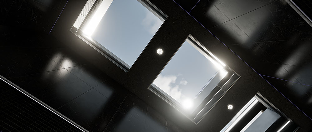 A low-angle abstract view from image_abb780.jpg showing the industrial black ceiling frame and modular glass skylights inside the virtual gallery app.