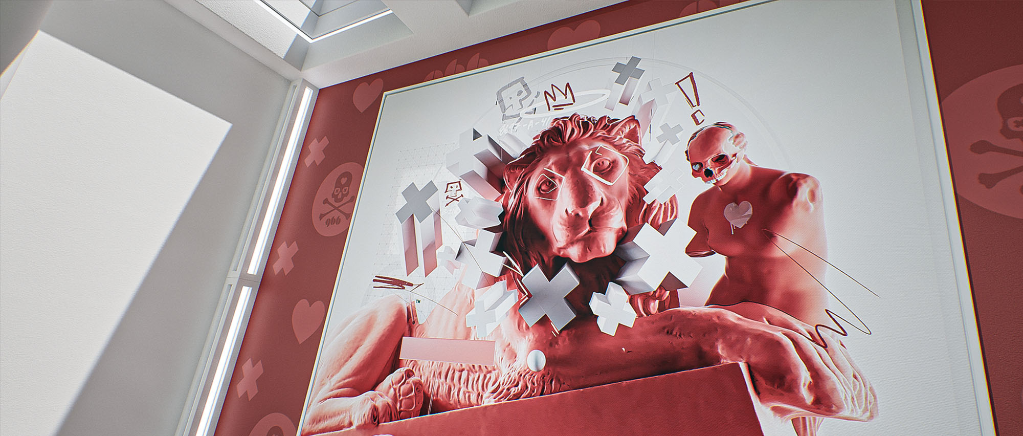 A low-angle perspective shot from image_abacfb.jpg focusing on a massive wall mural featuring a classical lion sculpture and bust reinterpreted with modern red tones and graphic graffiti marks.