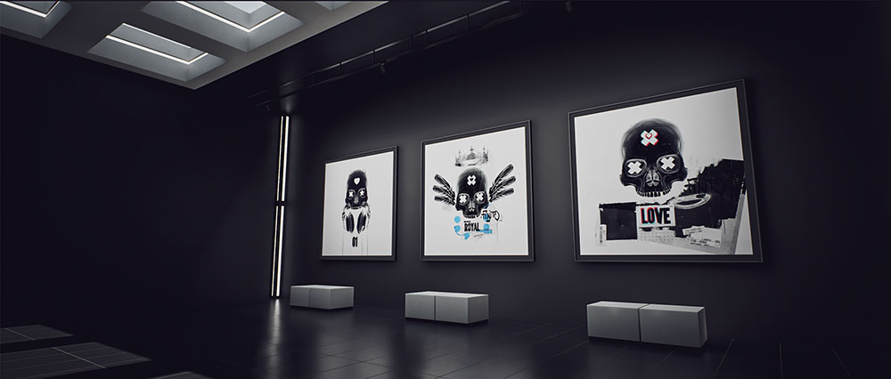 A wide perspective view of a dimly lit, dark exhibition room featuring a triptych layout of three illuminated square artwork prints showing stylized skull characters above minimalist white gallery benches.