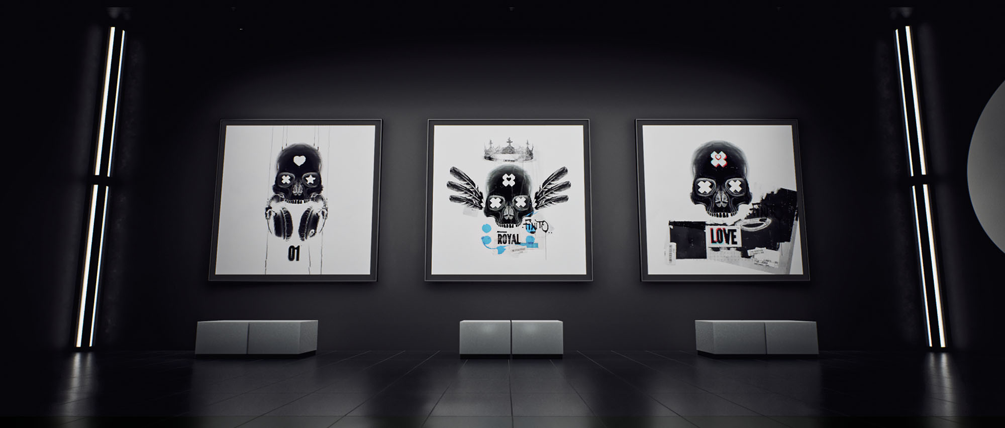A wide presentation view of a dimly lit, dark exhibition space featuring a triptych layout of three glowing square prints showing stylized black skull characters.