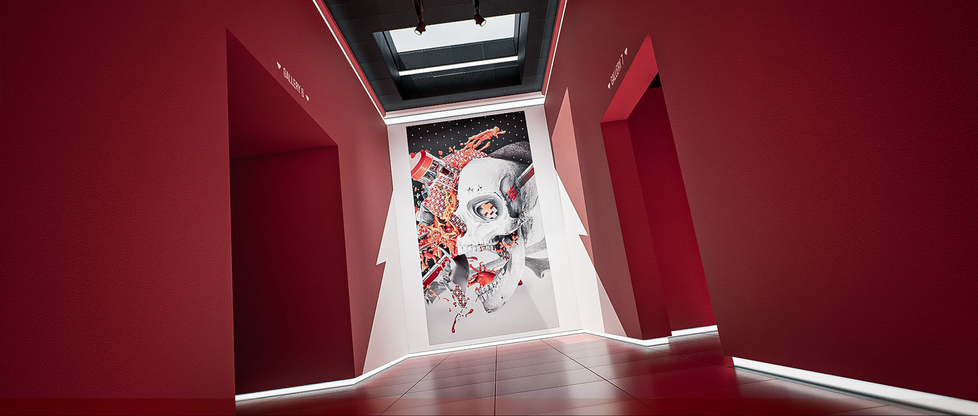 A low-angle corridor view from image_abacfb.jpg looking towards a large-scale vertical abstract artwork featuring intricate skull and line art elements, positioned at the end of a modern red hallway.