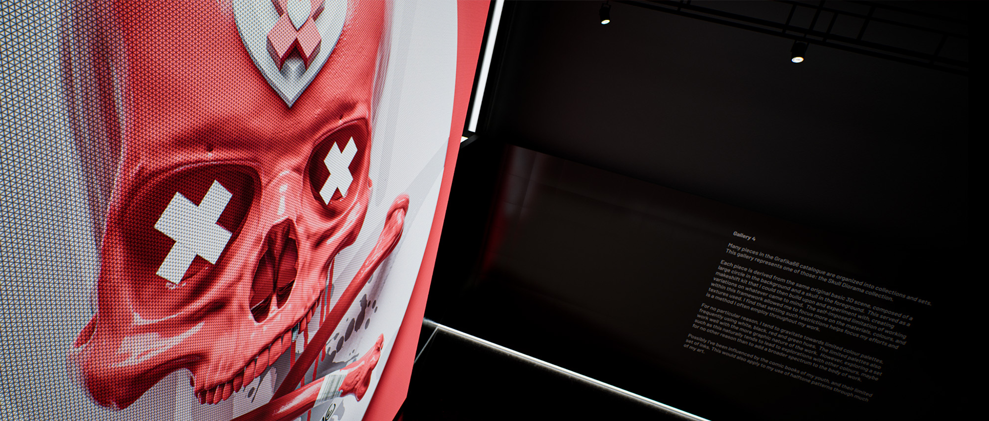 A dramatic, close-up perspective angle tracking across a brightly lit red skull sculpture graphic, showcasing the mesh-like texture detail within the digital app environment.