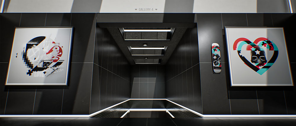 A front-facing studio shot of a minimalist black elevator lobby flanked by vibrant square artwork pieces under cool overhead lighting.
