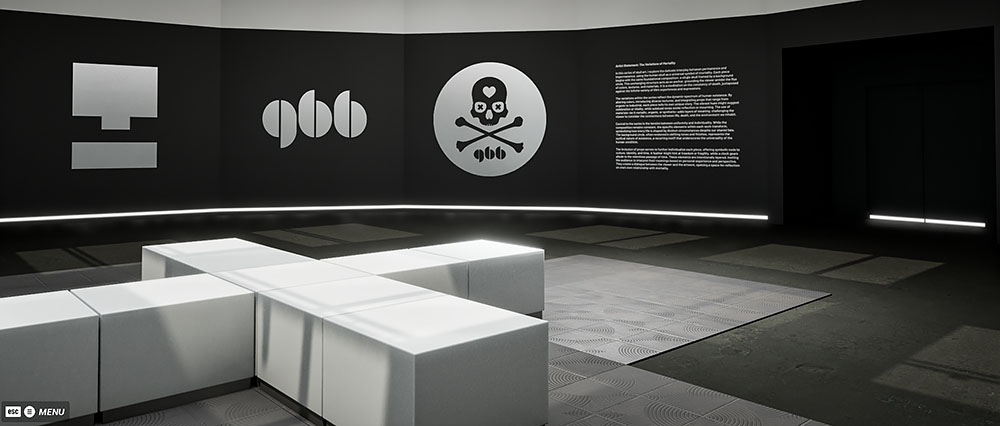 A perspective render from an entrance corridor looking into a dark, modern exhibition space illuminated by large glowing graphic display panels and minimalist white benches.