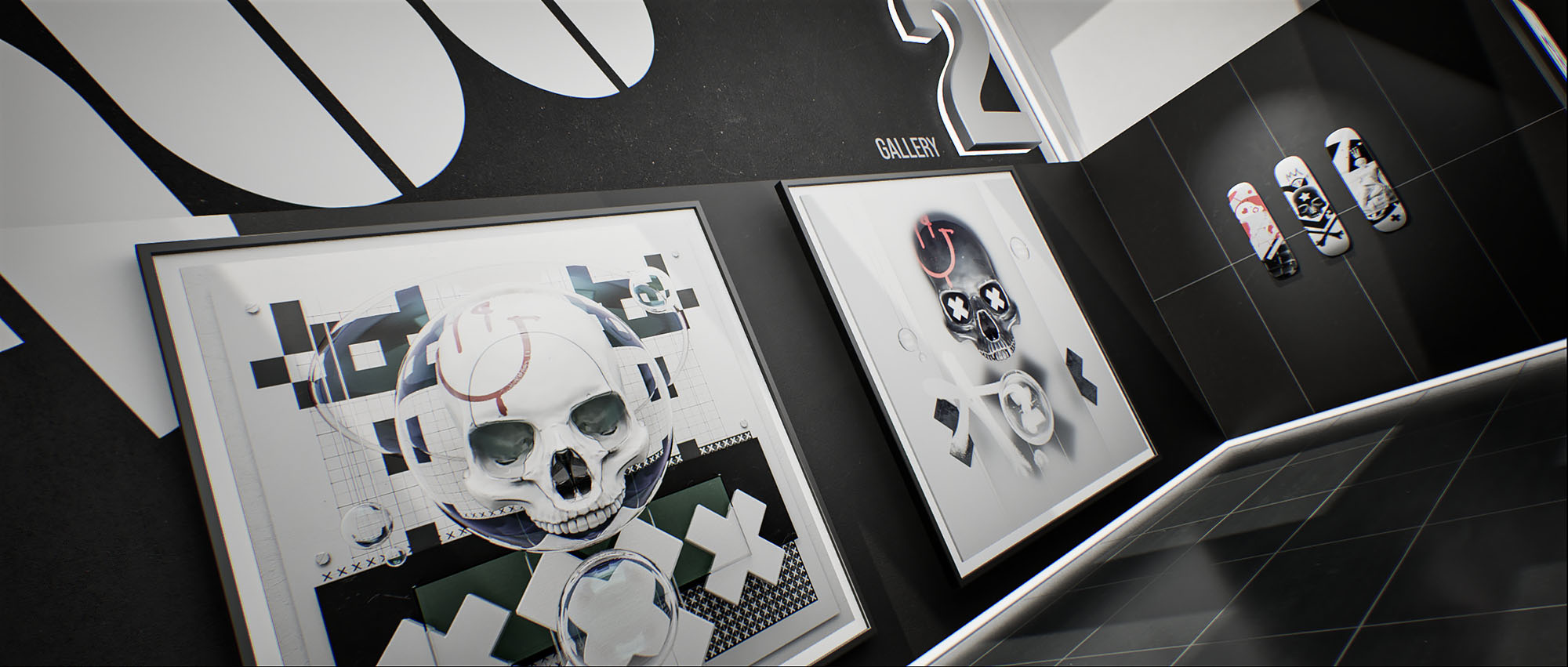 A tight interior shot showing a corner configuration of gallery two, with two square sci-fi skull prints and three custom skate decks mounted against dark walls.