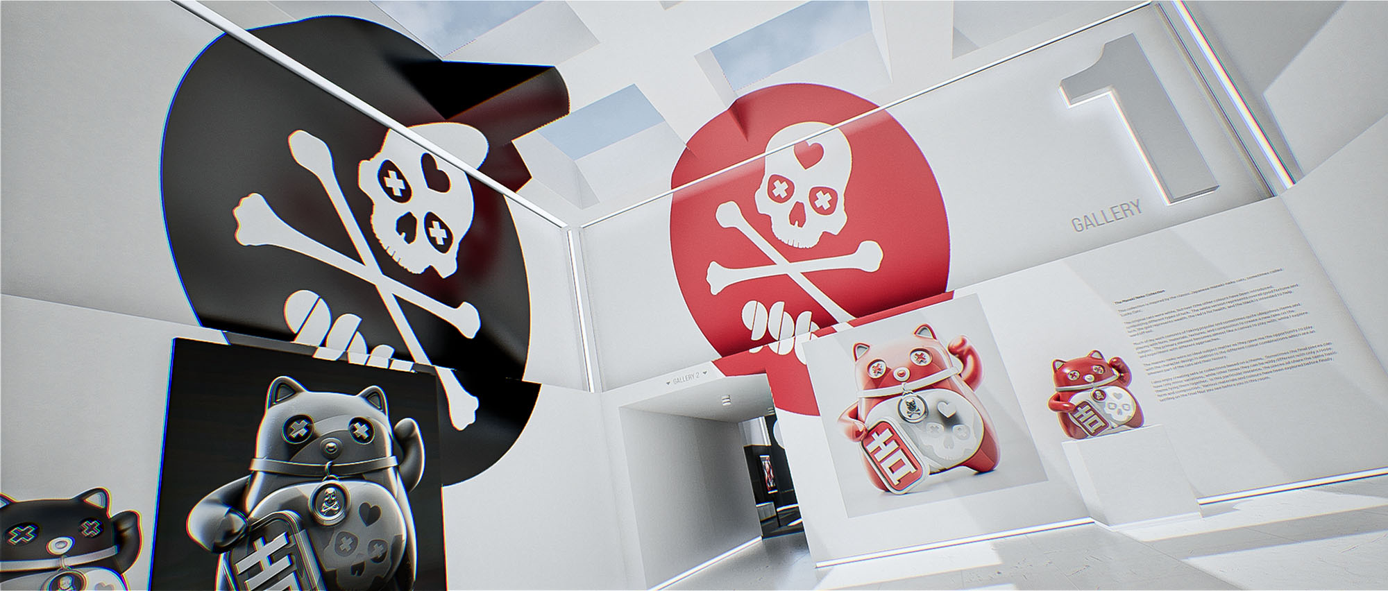 A wide interior perspective corner shot inside gallery one, showing a series of custom lucky cat character illustrations and bold circular skull banners on the walls.