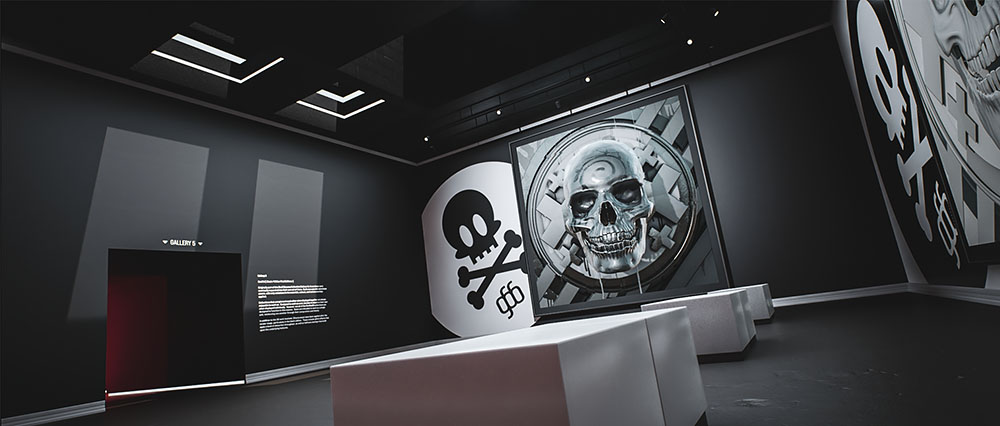 A wide, panoramic perspective view from the entrance of gallery room six, highlighting a massive 3D metallic skull centerpiece and circular graphic insignias set within a dark exhibition space with minimalist white benches.