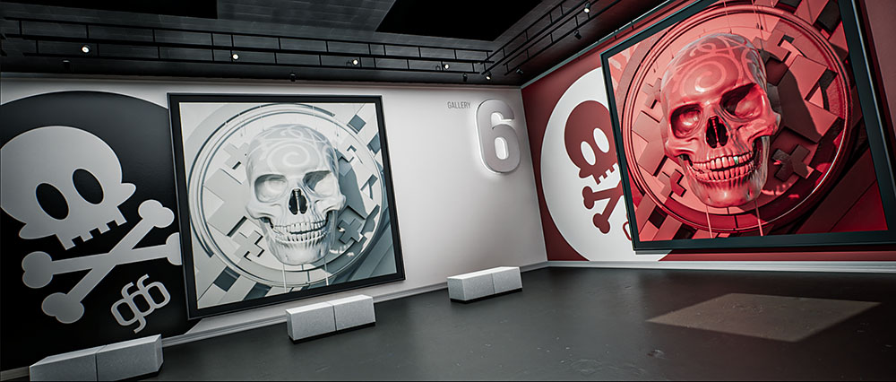 A wide, panoramic interior perspective of gallery room six, highlighting the visual contrast between a large white 3D skull artwork panel and an identical bold red version mounted within a modern exhibition hall.