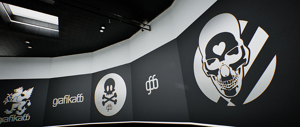 A wide, high-angle overview of gallery ten, showcasing a large curved wall displaying various historical brand logos, typography layouts, and emblems around a central cross-shaped seating installation.
