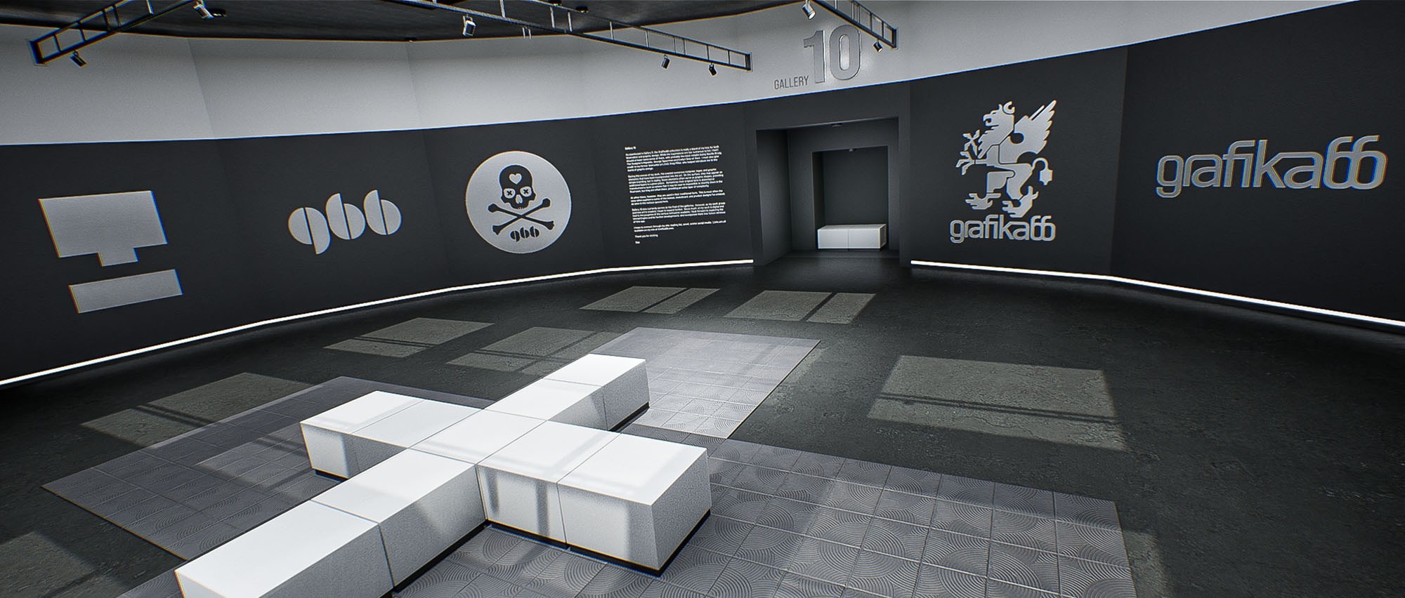 A wide, panoramic interior view of gallery room ten, highlighting a curved dark exhibition wall displaying historical brand logos, graphic insignias, and typography layouts around a central white cross-shaped seating bench.