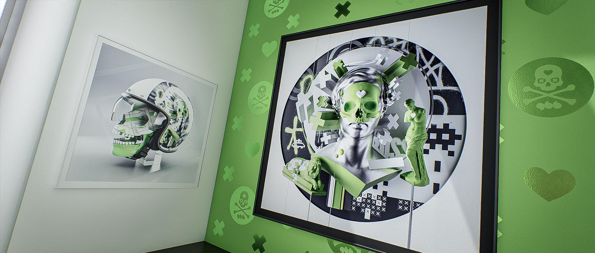 A tight room perspective from image_abacfb.jpg highlighting an exhibition space with patterned green walls, a square framed pop art print featuring a green skull motif, and a framed anatomical helmet design on the adjacent wall.