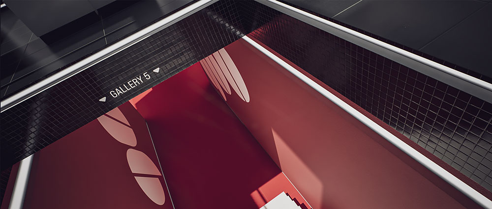 A dramatic downward camera angle in image_abb780.jpg peering through a narrow stairwell openings into a vibrant red hallway below.