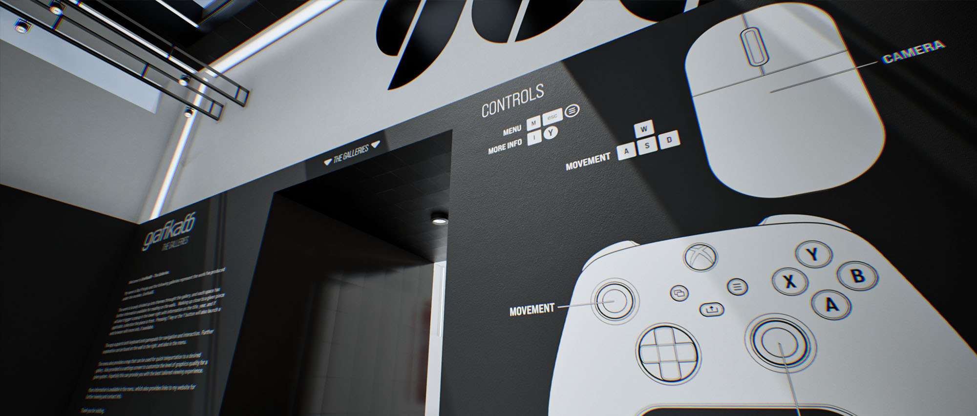 A minimalist entry wall inside the app displaying clear graphical user interface instructions and control layouts for gamepad, mouse, and keyboard navigation.