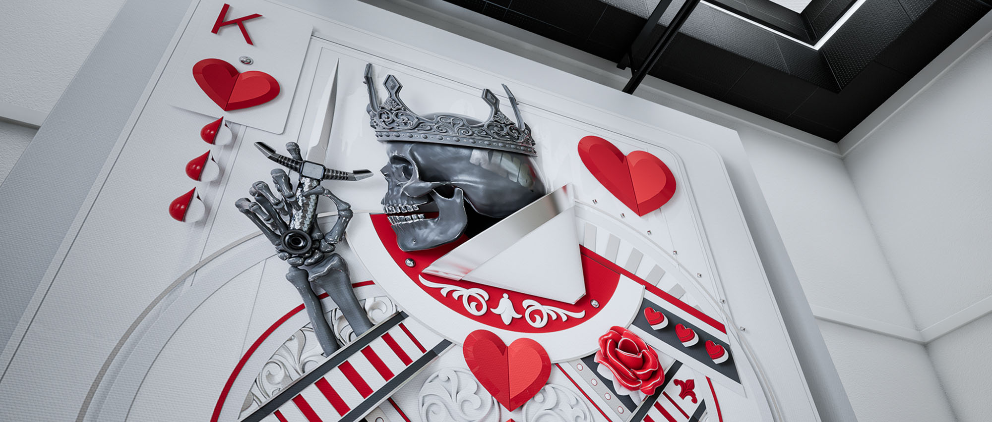 A low-angle interior perspective from image_ab9a15.jpg displaying a massive, detailed 3D wall mural of a stylized King of Hearts playing card featuring a crowned silver skull and dagger motifs.