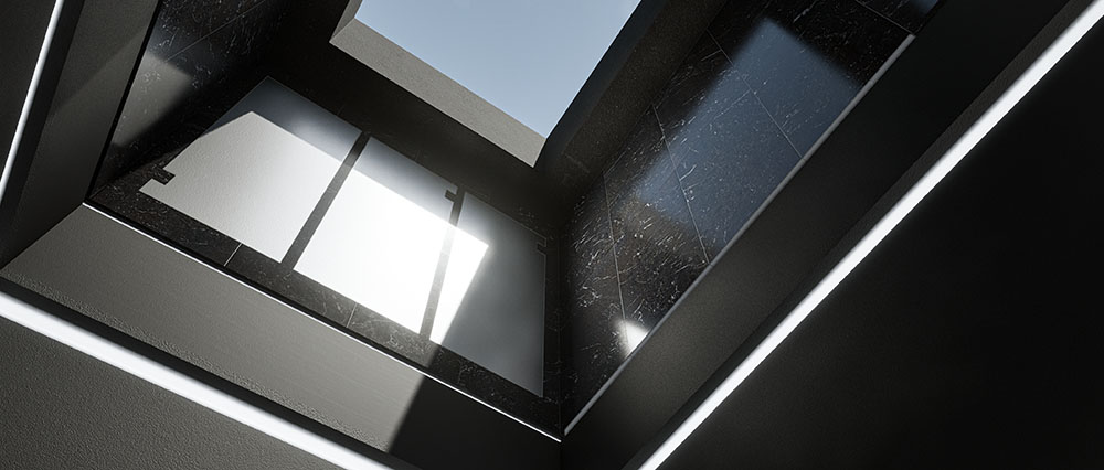 A close-up detail shot from image_abb780.jpg tracking along a white ceiling corner, highlighting integrated linear LED strip lighting and an angled skylight window pane.s