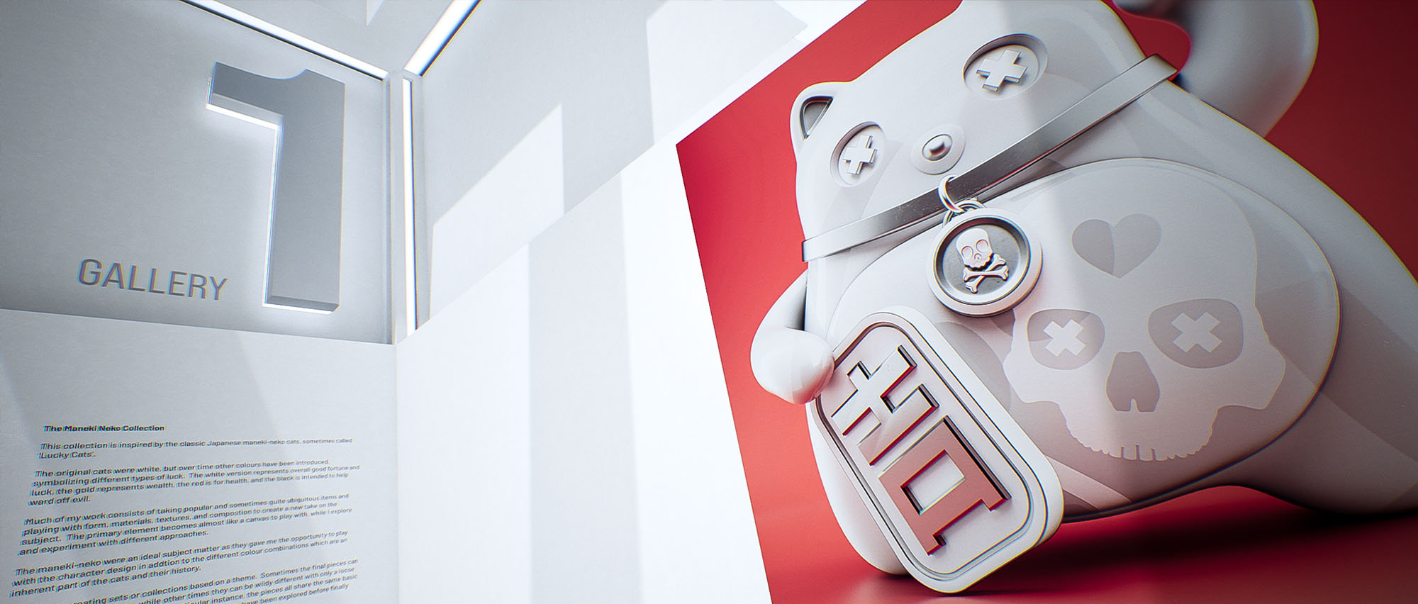 A clean interior shot of gallery room one, featuring a massive red and white wall graphic of a stylized Japanese maneki-neko lucky cat character with skull branding marks.