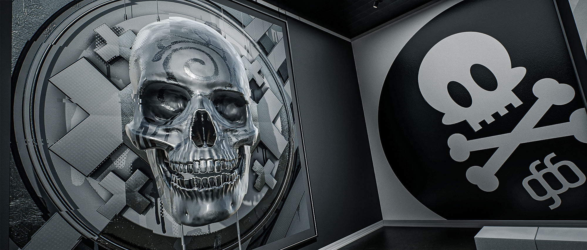 A tight corner perspective showcasing an intricate, large-scale 3D metallic skull piece mounted next to a bold circular skull and crossbones graphic insignia.