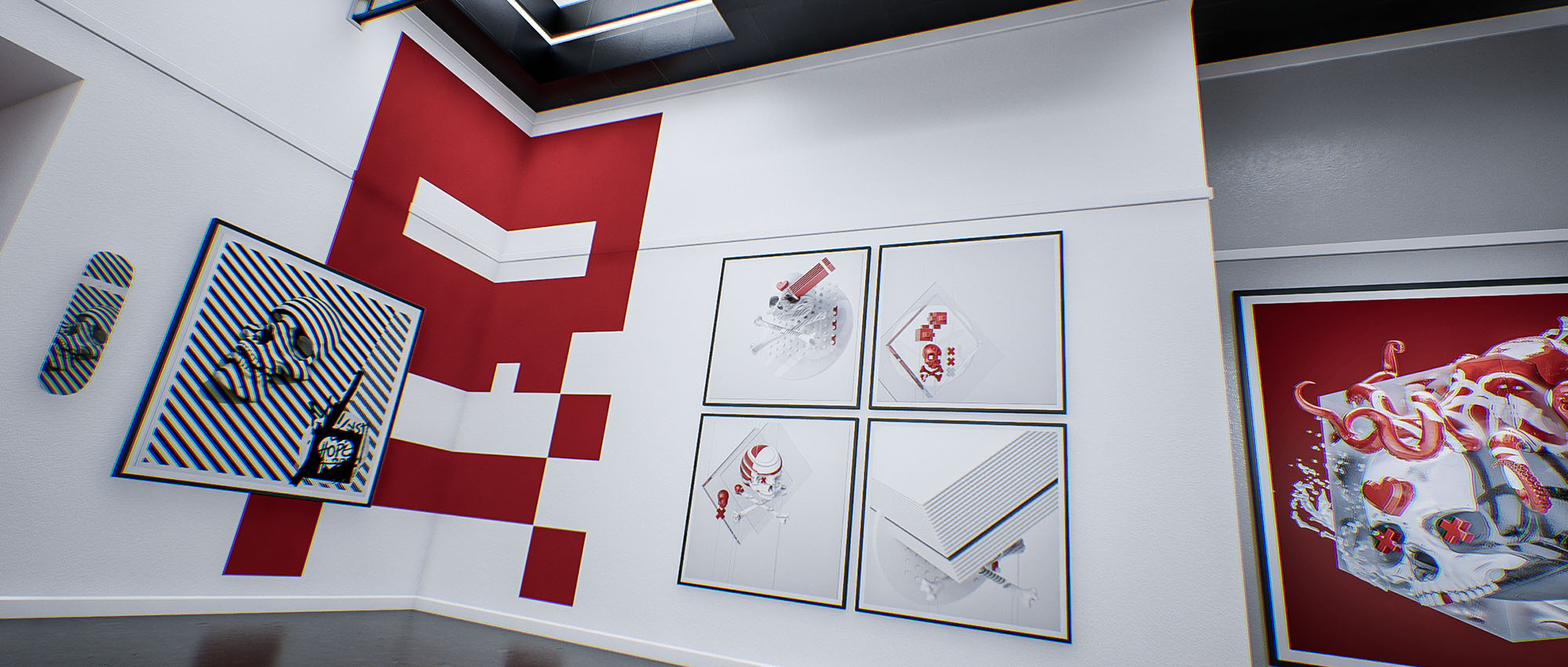 A 3D environment shot from image_ab9a15.jpg showcasing a corner layout with geometric red wall graphics, a collection of four square framed prints, and an embellished skate deck design.