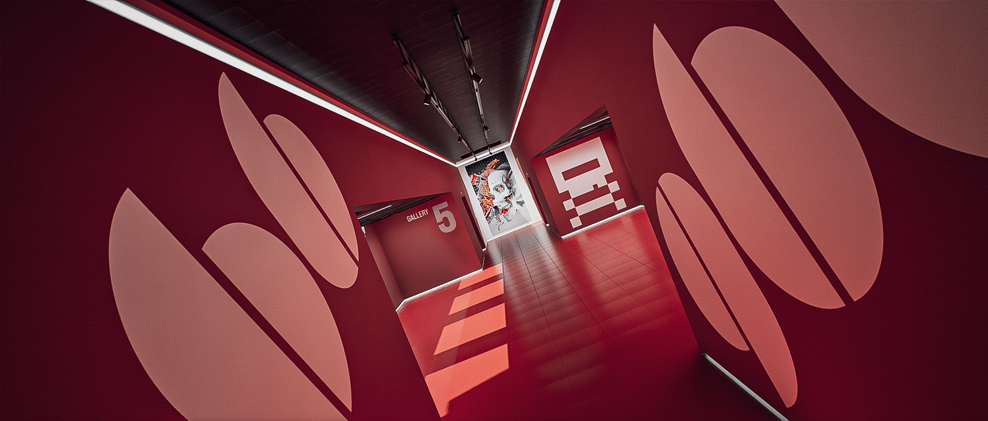 A stylized, high-contrast perspective looking down a deep red virtual hallway in image_abacfb.jpg, featuring oversized geometric shape designs on the walls and sharp light reflections across the floor.