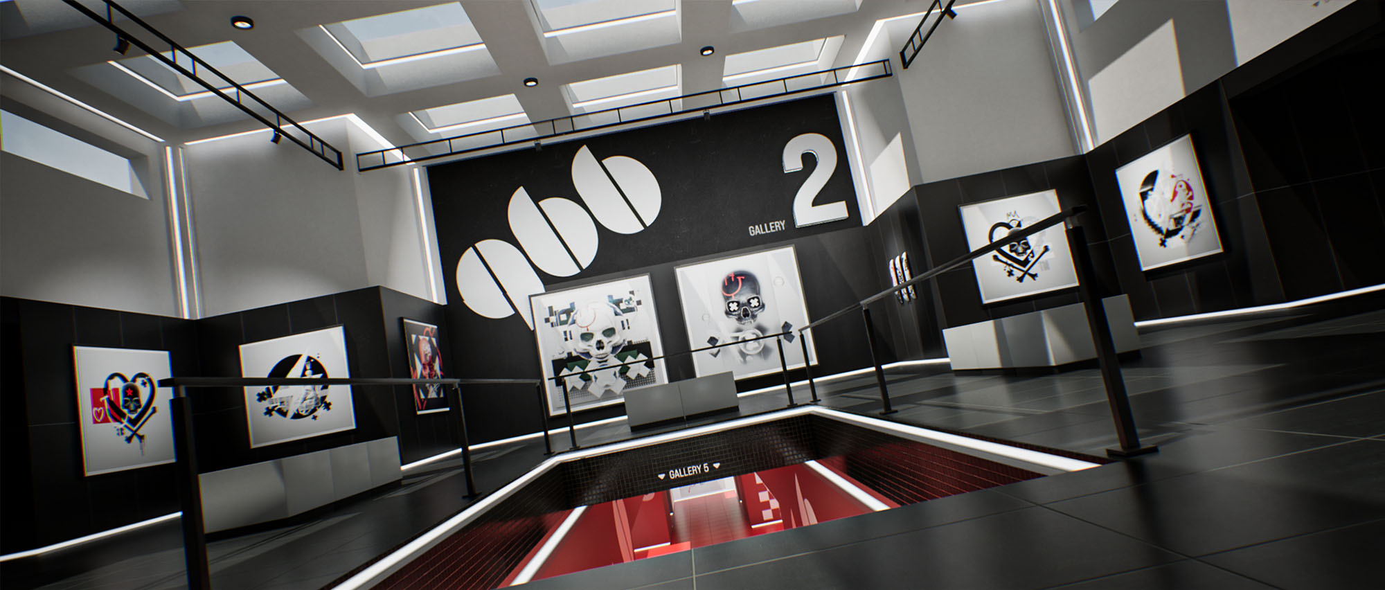 A symmetrical interior render of gallery room two, showing a central red light well cut into the dark tiled floor, surrounded by custom framed graphics.