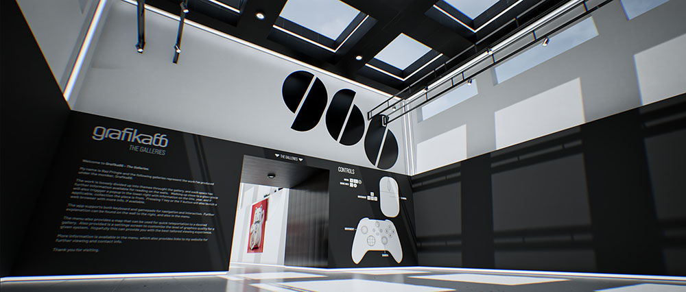A bright, wide architectural perspective looking toward the entrance lobby hall, decorated with bold black geometric branding graphics and clean overhead skylights.
