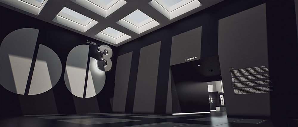 An interior shot of gallery room three, highlighting large geometric number graphics on a dark grey wall beneath a structured row of square ceiling skylights.
