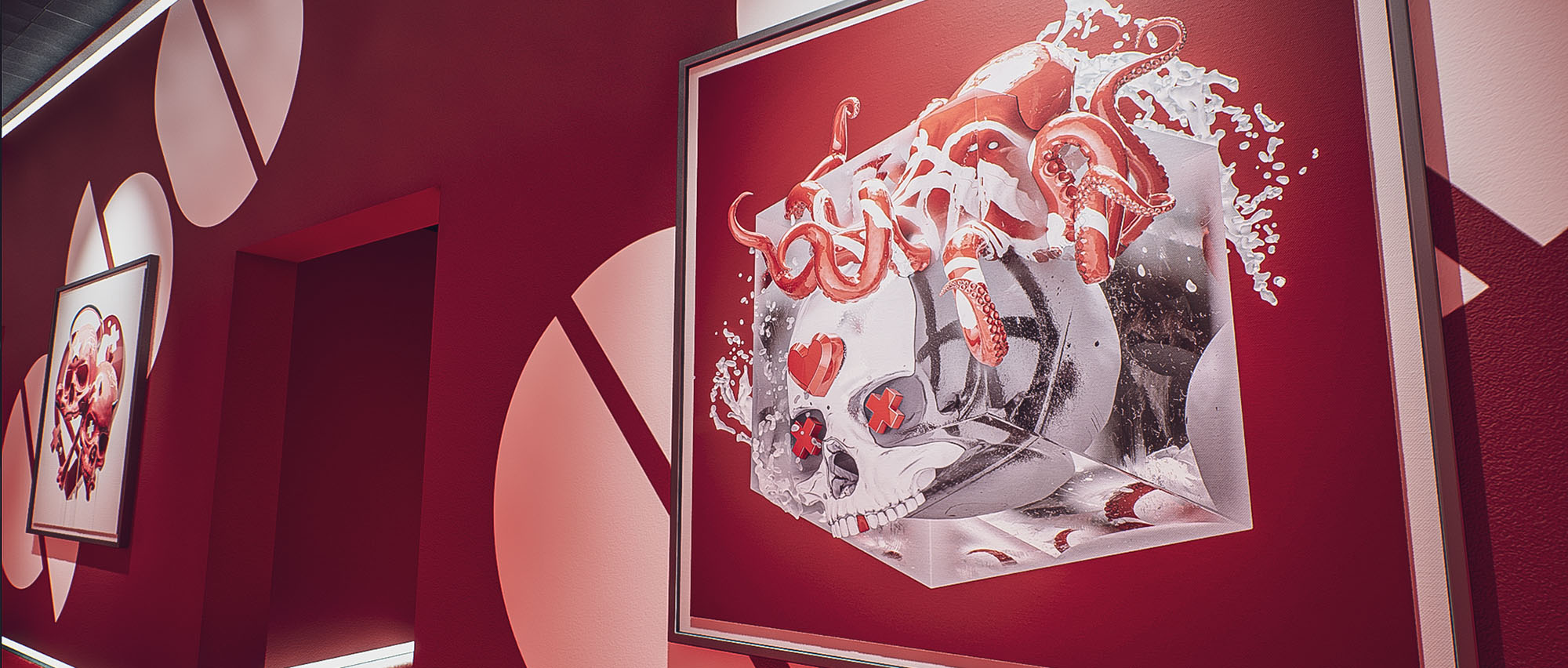 An interior perspective from image_abb780.jpg focusing on a large framed digital art print displaying a surreal skull illustration with red tentacles emerging from a 3D box.