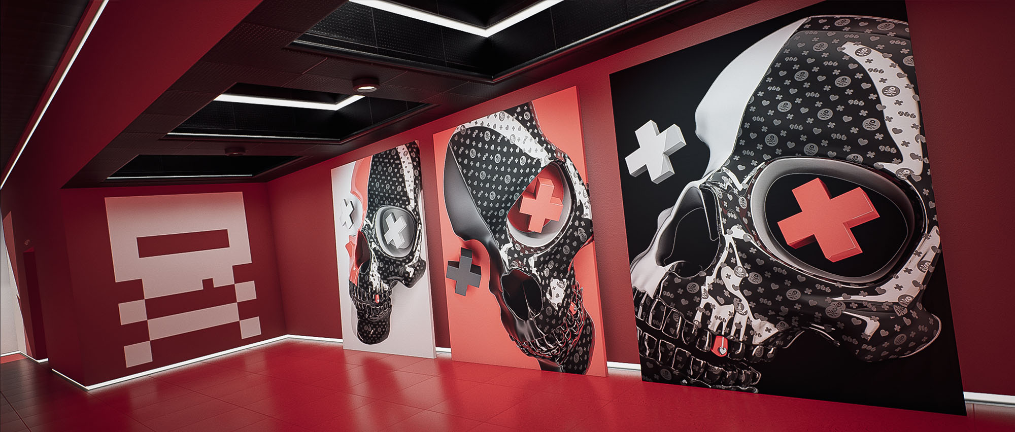 A wide view of a sleek, low-ceilinged red gallery hall within image_abacfb.jpg, showcasing a series of large, vertical canvases displaying skull illustrations overlaid with detailed monochrome textile textures and bright red cross eye accents.
