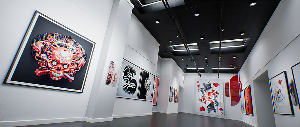 A wide interior perspective from image_ab9a15.jpg highlighting a long virtual exhibition space with dark floors, a black grid ceiling layout, and multiple framed skull art prints hanging along the walls.