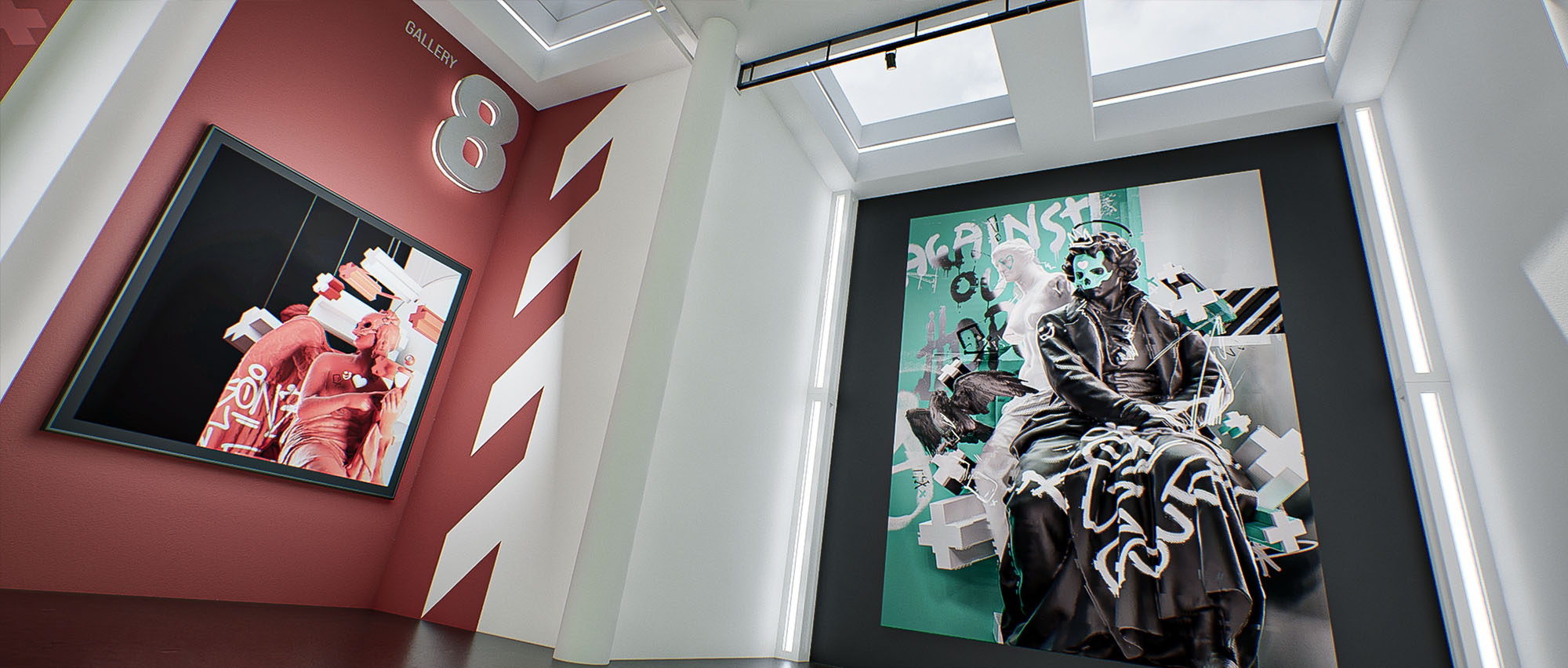 An interior corner render from image_abacfb.jpg inside gallery room eight, contrasting a dark framed graphic portrait on a red wall with a vibrant, spray-paint style portrait on a dark accent panel under structured skylight illumination.