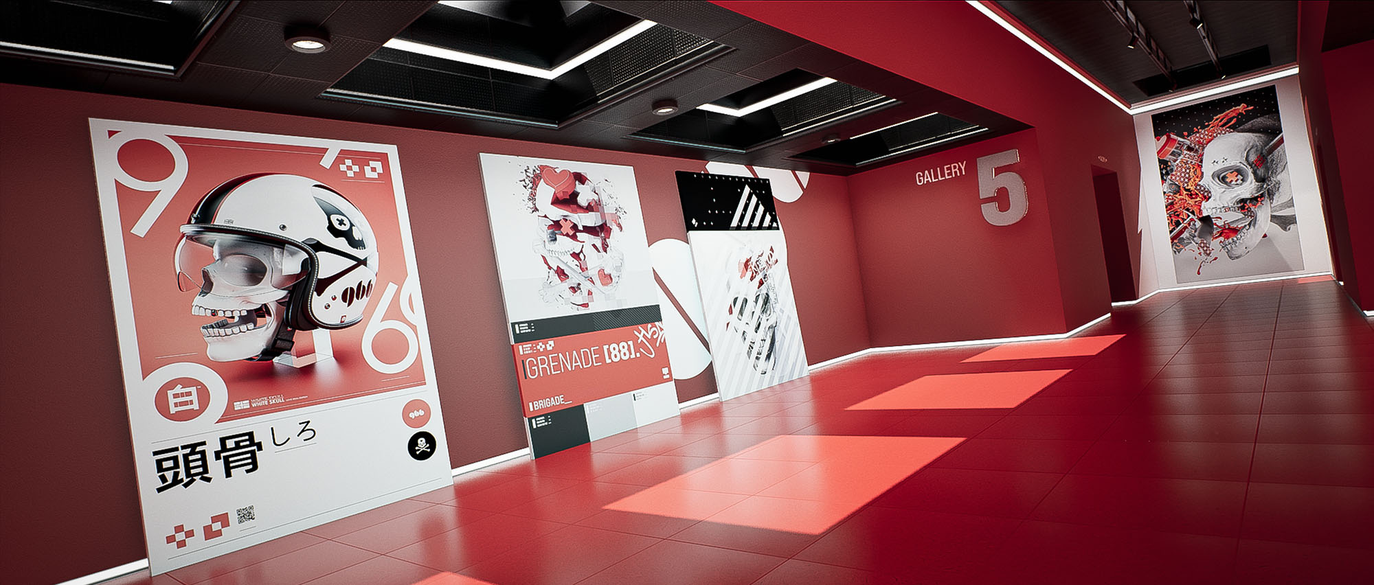 A wide perspective view within image_abb780.jpg of gallery room five, featuring deep red floors and walls lined with large typographic posters and illustration panels.