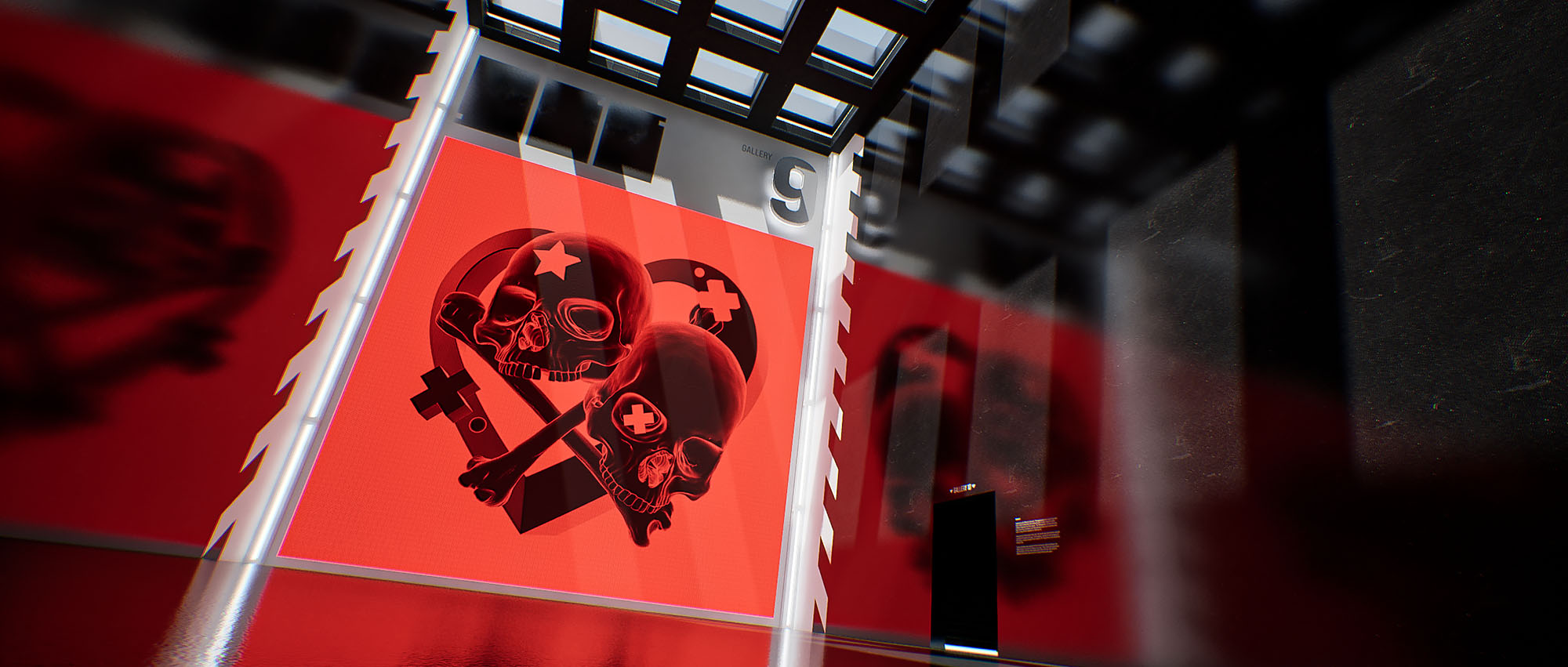 A wide-angle interior view from image_ab43c0.jpg showing a large emissive light panel displaying red pop-art skull graphics inside a minimalist, dark virtual gallery space.
