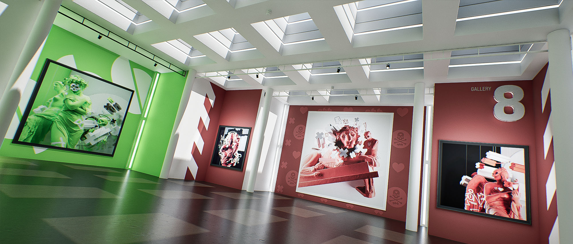 A wide perspective view within image_abacfb.jpg showing a spacious virtual gallery with rows of skylights, contrasting bright green walls, and deep red exhibition spaces displaying large framed digital art portraits.