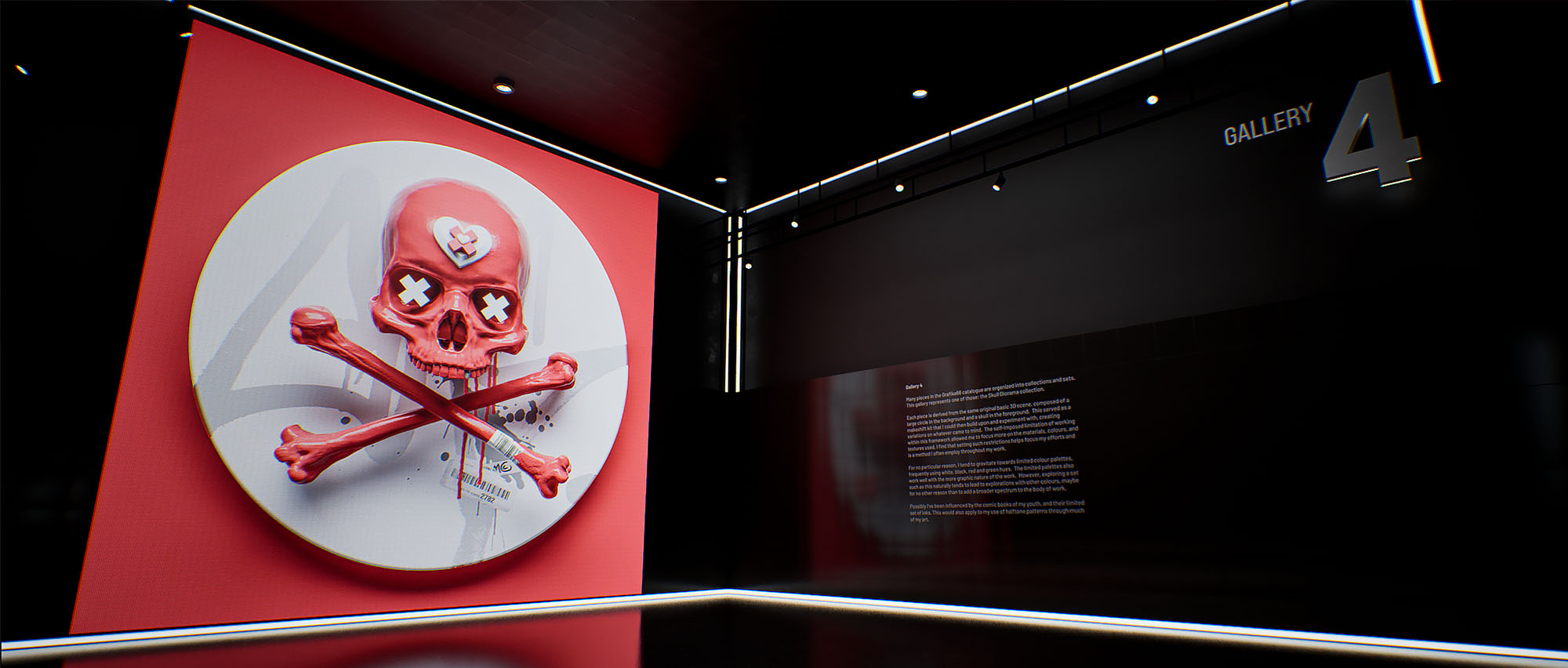 A dark virtual exhibition room designated as gallery four, featuring a large, vibrant red 3D skull and crossbones circular installation piece mounted onto a freestanding accent wall.