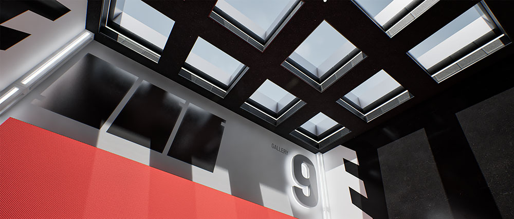 A high-angle perspective from image_ab43c0.jpg looking down into gallery space number nine, showcasing the contrast between the black grid ceiling skylights and bright red floor accents.