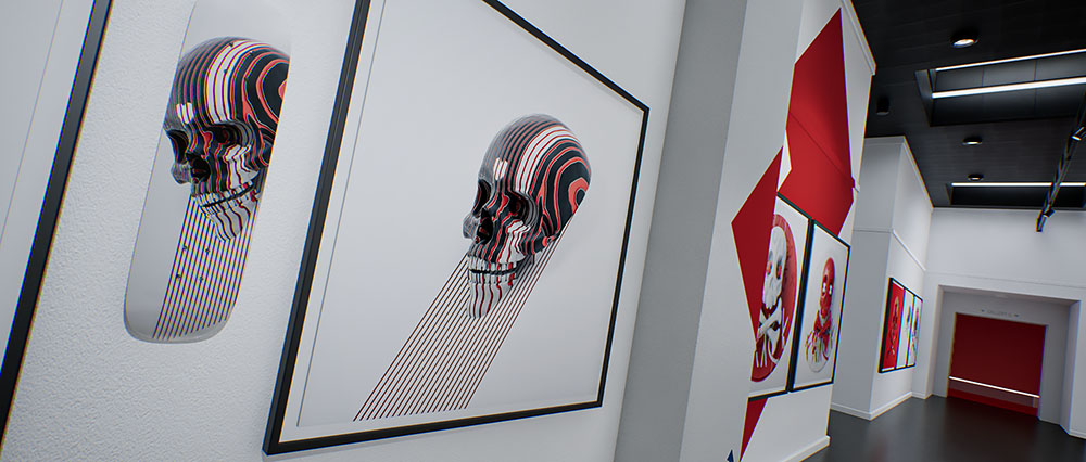 An interior view tracking down a bright gallery corridor in image_ab9a15.jpg, showcasing a custom printed skate deck and matching framed skull fine art piece mounted onto clean white walls.