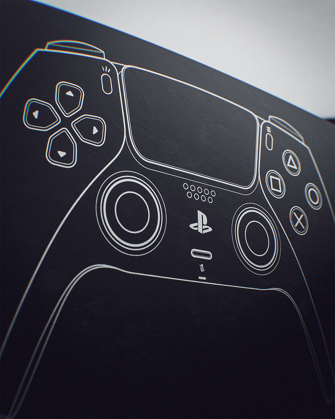 A sharp three-quarter presentation view focusing on a white 2D vector line drawing of a PlayStation 5 controller, highlighting the clean touchpad boundaries and button paths on a matte dark grey textured surface.