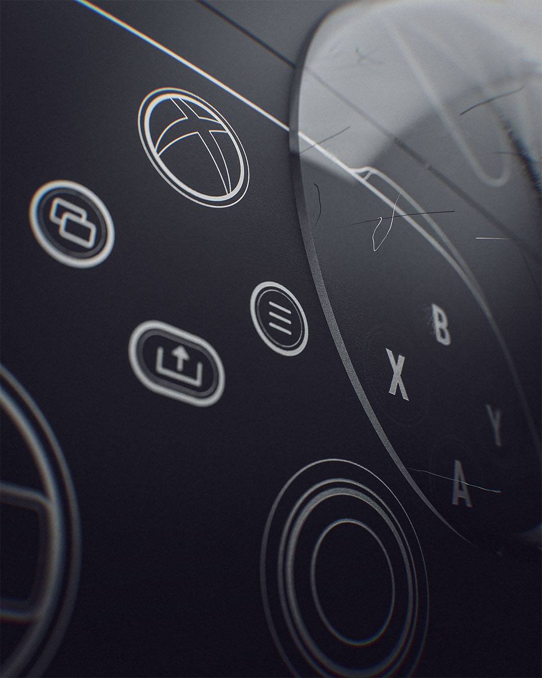 A detailed vertical macro crop focusing on the central utility buttons of a vector controller layout, featuring crisp views of the share, menu, and view icons under a heavy aesthetic lens defocus.